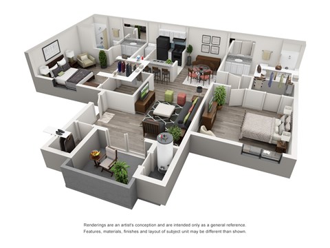 A 3D rendered image of a modern apartment layout.